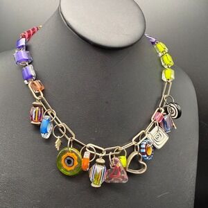 Basha Sterling Silver Murano Glass Charm Necklace 16" Artisan Signed "B"‎